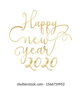 Happy New Year 2020 hand lettering calligraphy isolated on white background. Vector holiday illustration element. Golden eve inscription text