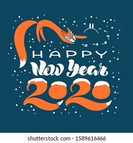 Happy New Year 2020 hand drown lettering with orange fox and snow on dark background for children's and New Year design postcard, banner, gift. Vector illustration for celebration and printshop