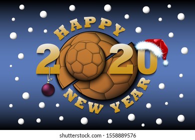 Happy new year 2020 and handball ball with Christmas ball and hat. Creative design pattern for greeting card, banner, poster, flyer, party invitation, calendar. Vector illustration