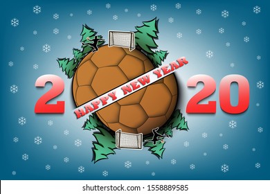 Happy new year 2020 and handball ball with Christmas trees on an isolated background. Handball player scores a goal. Design pattern for greeting card. Vector illustration