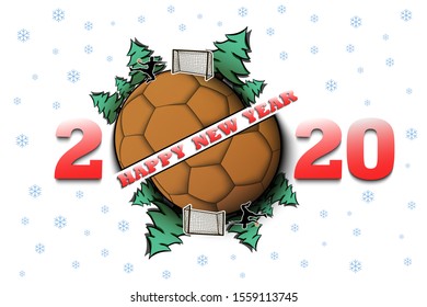 Happy new year 2020 and handball ball with Christmas trees on an isolated background. Handball player scores a goal. Design pattern for greeting card. Vector illustration