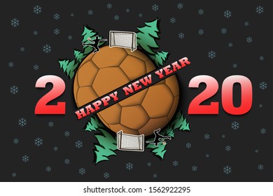 Happy new year 2020 and handball ball with Christmas trees on an isolated background. Handball player scores a goal. Design pattern for greeting card. Vector illustration