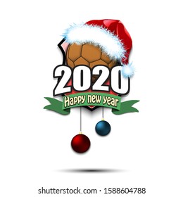 Happy new year 2020. Handball logo template design. Handball ball in santa hat. Pattern for banner, poster, greeting card, party invitation. Vector illustration