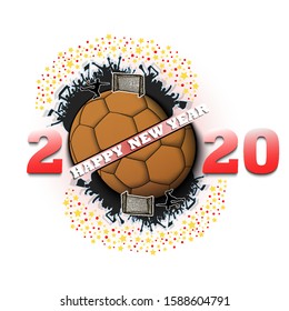 Happy new year 2020 and handball ball with handball player and fans. Creative design pattern for greeting card, banner, poster, flyer, party invitation. Vector illustration