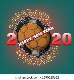 Happy new year 2020 and handball ball with handball player and fans. Creative design pattern for greeting card, banner, poster, flyer, party invitation. Vector illustration