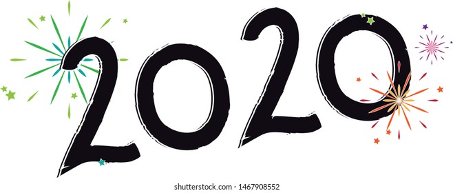 Happy New Year 2020 Handwritten with Fireworks. EPS10