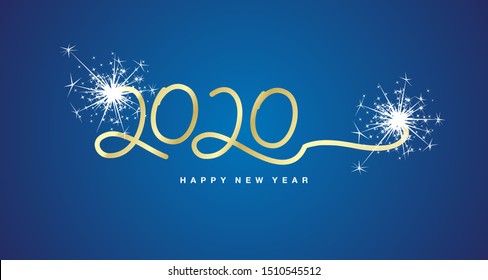 Happy New Year 2020 handwritten numbers tipography sparkle firework gold white blue background