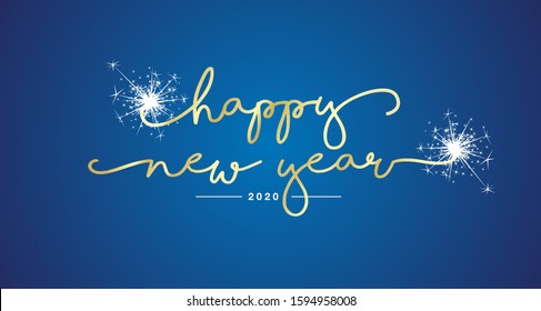 Happy New Year 2020 handwritten lettering tipography sparkle firework gold white blue background greeting card