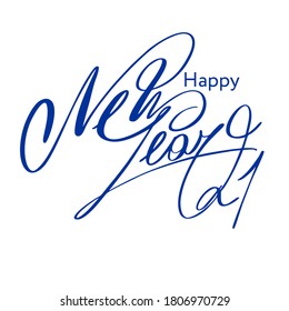 Happy New Year 2020. Handwritten blue letters on a white background. Vector illustration.