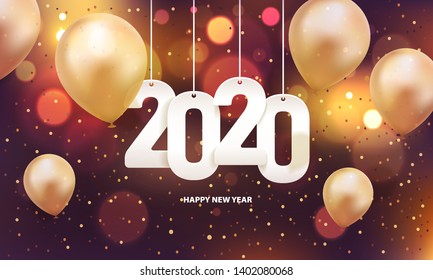 Happy New Year 2020. Hanging White Paper Number With Balloons And Confetti On A Colorful Blurry Background.