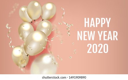 Happy new year 2020. Hanging white paper number with balloons and confetti. Vector