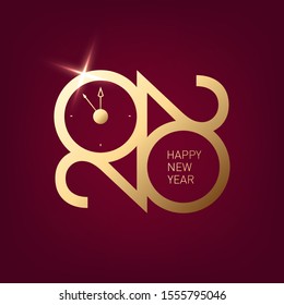 Happy New Year 2020 - New Year hining background with gold clock and wishes. Premium 2020 logotype, sign, logo, symbol with golden numbers.  Elegant eve party banner design, vector icon for calendar.