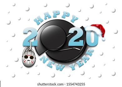 Happy new year 2020 and hockey puck with mask, hockey stick and Christmas hat. Creative design pattern for greeting card, banner, poster, flyer, party invitation, calendar. Vector illustration