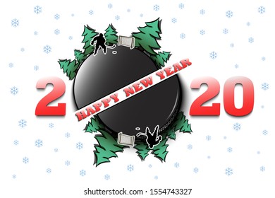 Happy new year 2020 and hockey puck with Christmas trees on an isolated background. Hockey player scores a goal. Design pattern for greeting card. Vector illustration