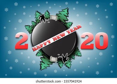 Happy new year 2020 and hockey puck with Christmas trees on an isolated background. Hockey player scores a goal. Design pattern for greeting card. Vector illustration