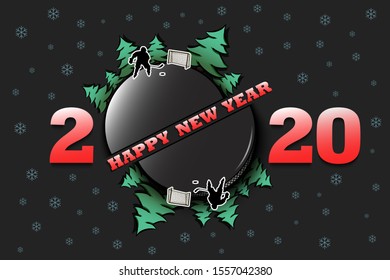 Happy new year 2020 and hockey puck with Christmas trees on an isolated background. Hockey player scores a goal. Design pattern for greeting card. Vector illustration