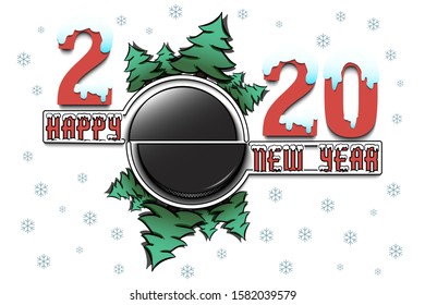 Happy new year 2020 and hockey puck with Christmas trees on an isolated background. Snowy numbers and letters. Design pattern for greeting card, banner, poster, flyer, invitation. Vector illustration
