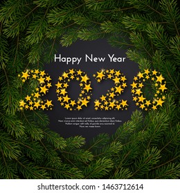 Happy New Year 2020. Holiday gift card with numbers of golden stars on fir tree branches of wreath background. Template for a banner, poster, invitation. Vector illustration for your design