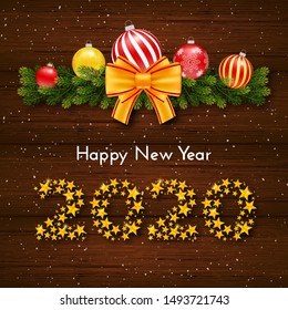 Happy New Year 2020. Holiday gift card with numbers of golden stars, fir garland, bow and Christmas balls on dark wood background. Template for a banner, poster, invitation. Vector illustration