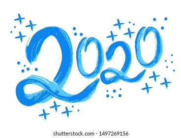 Happy New Year 2020. Holiday card, flyer, banner. Cover for calendar or business diary. Winter text design, calligraphy, brush drawing