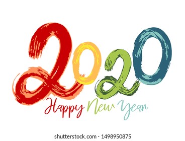 Happy New Year 2020. Holiday card, flyer, banner. Cover for calendar or business diary. Rainbow text design, calligraphy, brush drawing