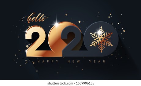 Happy new year 2020 holiday background with 3d numbers 2020 in black and gold colors. Vector illustration