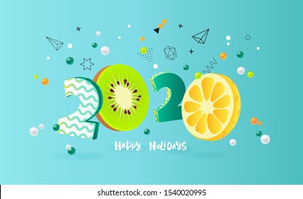 Happy new year 2020 holiday background with 3d numbers 2020 in juicy colors. Vector illustration