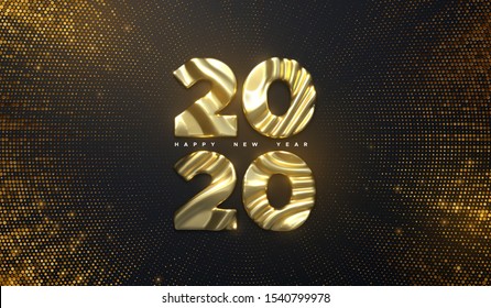 Happy New Year 2020. Holiday NYE event sign. Vector 3d illustration. Golden characters 2020 with wavy sculpted pattern. Shimmering background. Bursting backdrop with glitters. Festive banner design