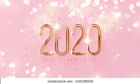 Happy new year 2020 holiday background with 3d numbers 2020, fireworks and Christmas lights in pink and gold colors. Vector illustration