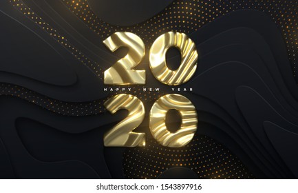 Happy New Year 2020. Holiday NYE event sign. Vector 3d illustration. Golden characters 2020 with wavy sculpted pattern. Black papercut background. Backdrop with glitters. Festive banner design