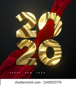 Happy New Year 2020. Holiday NYE event sign. Vector 3d illustration. Golden characters 2020 with wavy silky red fabric. Abstract background. Festive banner or poster design