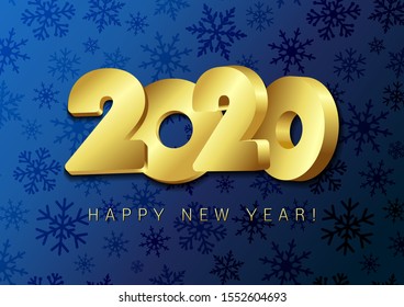 Happy new year 2020. Holiday vector illustration of golden metallic numbers 2020. Realistic 3d sign on blue snow background. Holiday poster or banner design