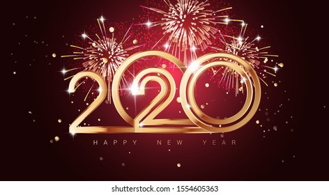 Happy new year 2020 holiday background with gold numbers 2020 and fireworks in black and gold colors. Vector illustration