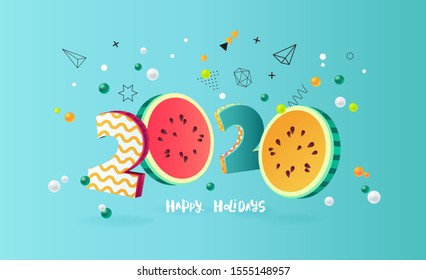 Happy new year 2020 holiday background with 3d numbers 2020 in juicy colors. Vector illustration