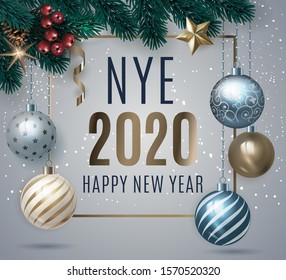 Happy New Year 2020. Holiday luxury premium template with blue Christmas balls, fir tree twigs, stars, red berries and confetti. Xmas baubles with text in frame. Merry christmas background Vector