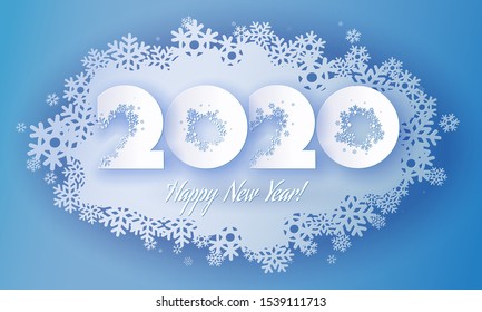 Happy New Year 2020 holidays background with realistic looking paper craft snowflakes and digits. Happy New Year greeting card. Vector illustration