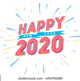 Happy New Year 2020 - New Year  illustration with fireworks and ribbon - vector