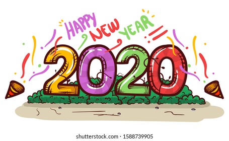 Happy new year 2020 Illustration. cartoon comics Vector Background. 2020 Hand Drawn  Style.