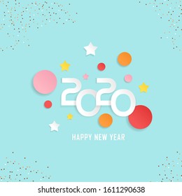 Happy New Year 2020 illustration in blue background with circle, star, and gold sparkles.