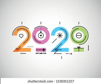 Happy New Year 2020 infographics design with linear icons