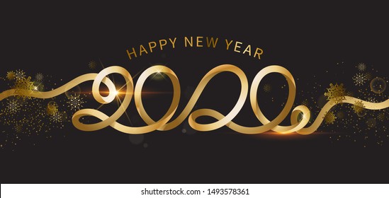 Happy New Year 2020. The inscription is made of curved gold ribbons. Golden numbers with ribbons and confetti on a dark background. Congratulation on winter holidays.