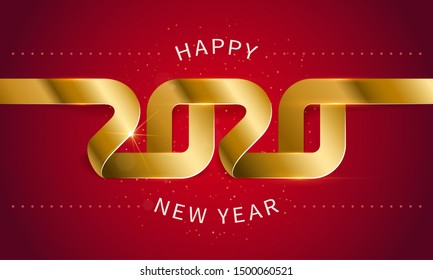 Happy New Year 2020. The inscription is made of curved gold ribbons. Golden numbers with ribbons and confetti on a red background. Congratulation on winter holidays.