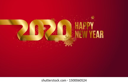 Happy New Year 2020. The inscription is made of curved gold ribbons. Golden numbers with ribbons and confetti on a red background. Congratulation on winter holidays.