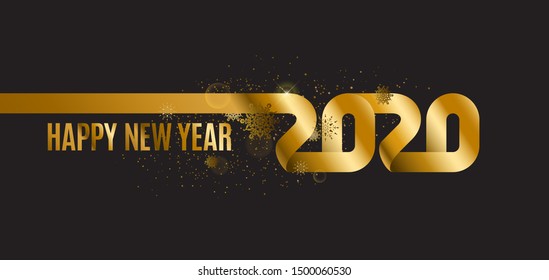 Happy New Year 2020. The inscription is made of curved gold ribbons. Golden numbers with ribbons and confetti on a dark background. Congratulation on winter holidays.