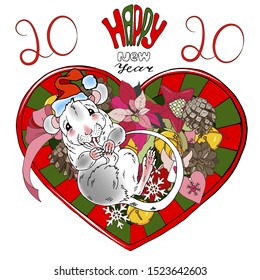 Happy new year 2020 inscription and rat in Santa hat among Christmas toys, greeting template, poster, postcard, vector illustration