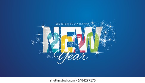 Happy New Year 2020 inside firework colorful white blue abstract background