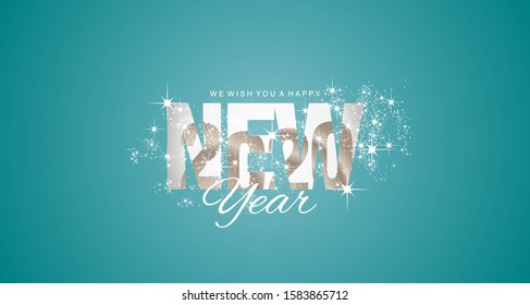 Happy New Year 2020 inside firework gold white trendy sea green abstract background