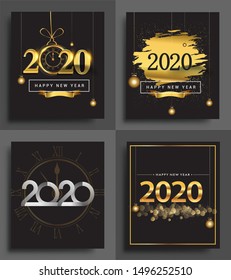 Happy New Year 2020 invitation card with glitter isolated on black background, text design gold colored, vector sets for calendar and greeting card.