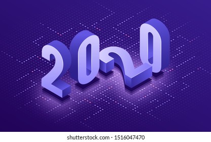 Happy New Year 2020 isometric typographic technology background.