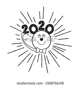 Happy New Year 2020. Label with a mouse or rat. Vector illustration.